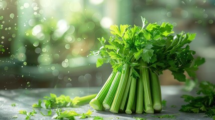 Wall Mural - a bunch of celery on a table with water droplets