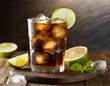 © Artbi - Rum and cola Cuba libre with lime and ice on a wooden bar top.