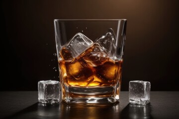 whiskey with ice cubes over a black background