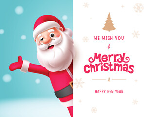 Merry christmas greeting vector template design. Christmas santa claus character with board space for greeting card holiday season template. Vector illustration new year invitation design.  
