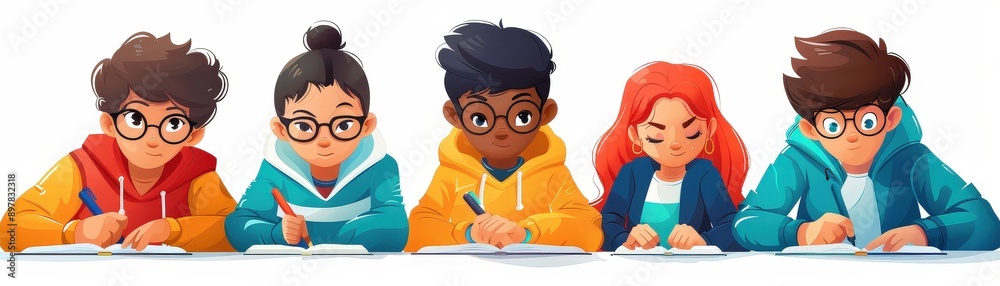 Charming cartoon flat design of classmates writing on a curriculum ...