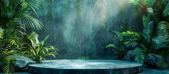 Wall Mural - Podium background product green nature 3D forest stand white plant. Cosmetic background product podium display wood jungle studio garden beauty platform presentation mockup pedestal stone tropical