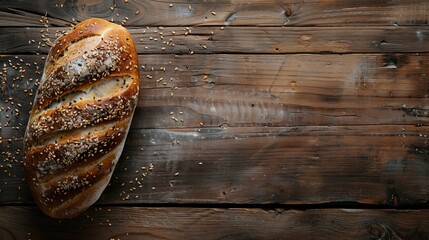 Wall Mural - Fresh artisan bread loaf on rustic wooden table, top view. Homemade bakery concept