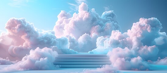 Wall Mural - Cloud background podium blue 3d product sky white display platform render abstract stage pastel scene. Podium stand light minimal cloud background studio dreamy pedestal backdrop png smoke geometric.