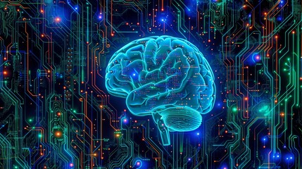 Poster - digital brain integrated with electronic circuit, futuristic technology and artificial intelligence 