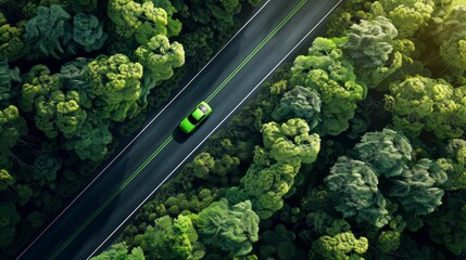 Wall Mural - Road and green car on forest highway. A single car drives on a long highway road through a dense green forest seen from an aerial perspective.