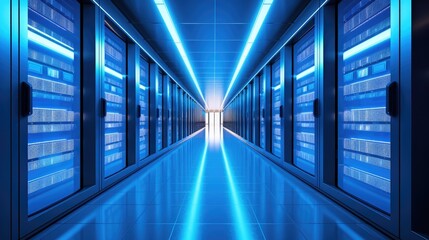 Canvas Print - A parallel row of servers, adorned in electric blue, fills a technology-driven data center hallway with a symmetrical display of power and Azure technology.  