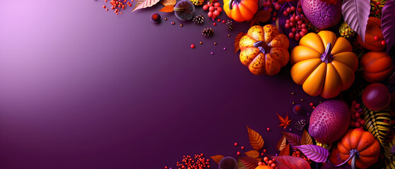  Illustration of a copy space banner of halloween and thanks giving concept, purple background, Thanks Giving