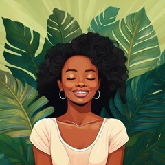 serene woman with eyes closed and a content smile amidst lush green tropical leaves