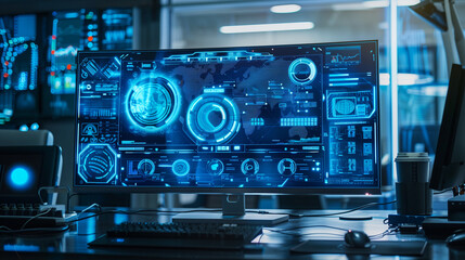 Poster - futuristic cyber security computer system set up in modern office, technology office interior design 
