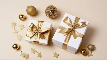 two boxes with gold bows and ornaments on a table