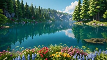 Wall Mural - a serene landscape with a clear blue lake reflecting the sky, surrounded by lush green trees and colorful flowers, cartoon style 