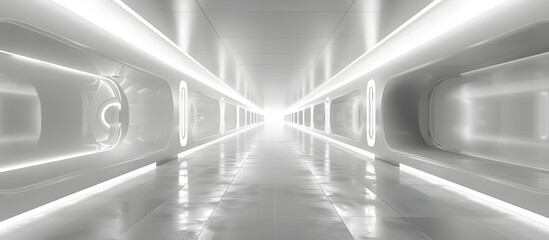 Wall Mural - White background 3D room light abstract space technology tunnel stage floor. Empty white future 3D neon background studio futuristic corridor render modern interior silver road black wall design gray