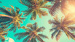 © Karimah - Looking up at blue sky and palm trees, view from below, vintage style, tropical beach and summer background, travel concept