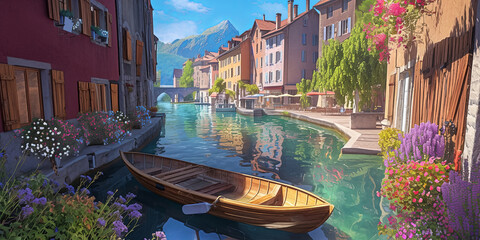 Wall Mural - wooden rowboat on the serene waters of a canal, generative AI