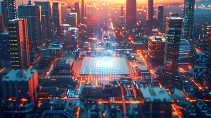 A glowing pulsating microchip is the focal point of this futuristic cityscape set against a stunning backdrop of skyscrapers and advanced technology during a dramatic sunset