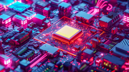 Poster - A close up view of a glowing intricate microchip surrounded by futuristic electronic components set against a vibrant neon lit cityscape at night