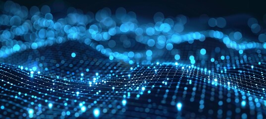 Poster - Glowing wavy digital cyberspace network technology background. Generative AI technology.	
