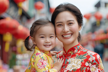 Wall Mural - Chinese mother and daughter in cheongsam enjoy the lunar new year celebration