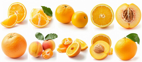 Wall Mural - Variety of fresh, juicy oranges, peaches, and tangerines, showcasing their vibrant colors and textures