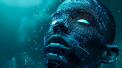 Poster - Glowing Binary Face A futuristic digital portrait with ethereal lighting and intricate details where a face is seamlessly constructed from flowing binary code against a dark surreal backdrop