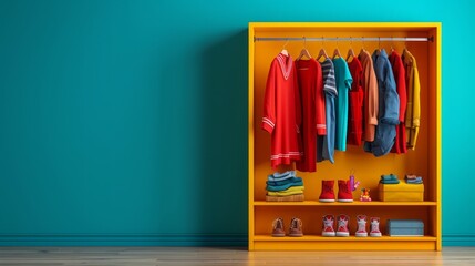 Simple wardrobe with neatly arranged clothes, shoes, and accessories, illustrating the concept of a minimalist lifestyle, with copy space for text