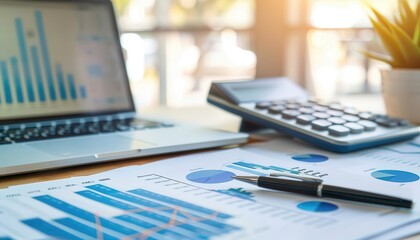 Close-up of a desk with a laptop, calculator, pen and financial charts.