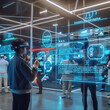© PARAMETH - A futuristic digital marketing office bustling with holographic displays and IoT devices seamlessly connected, showcasing data analytics and real-time customer engagement on large transparent screens,