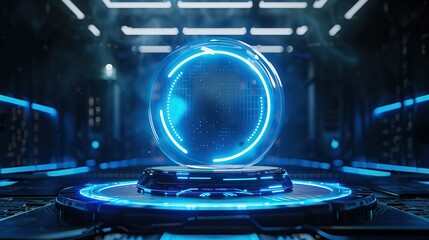 Poster - Podium light hologram tech technology background portal circle cyberpunk effect digital. Game element podium hologram light blue hud vector 3d future futuristic data concept.