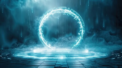Poster - Podium light hologram tech technology background portal circle cyberpunk effect digital. Game element podium hologram light blue hud vector 3d future futuristic data concept.