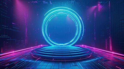Poster - Podium light hologram tech technology background portal circle cyberpunk effect digital. Game element podium hologram light blue hud vector 3d future futuristic data concept.