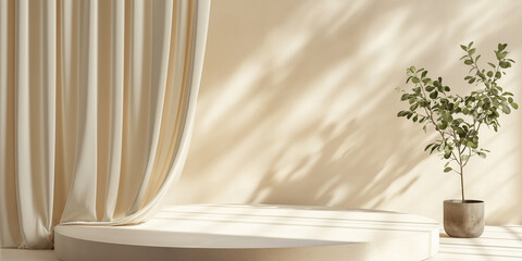 Wall Mural - Sunlight passing through sheer curtain illuminating empty podium and plant