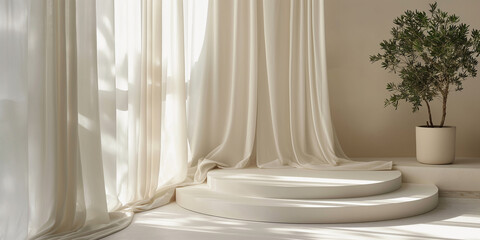 Poster - Sunlight passing through sheer curtains illuminating empty podiums