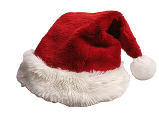 A traditional Santa hat with a fluffy white trim and pom-pom on transparent background