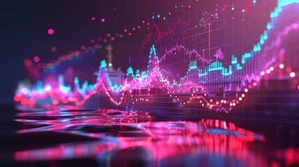 Poster - Abstract neon glowing digital graph chart in dark background with water reflection.