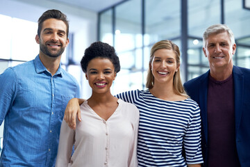 Poster - Portrait, corporate and teamwork in working, diversity or about us for collaboration or deadline. Coworkers, group of people and office in community, project or staff for business meeting or workshop