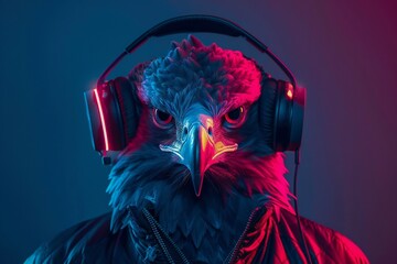 Canvas Print - eagle with headphones, fashion portrait in pink and blue neon colors created with artificial intelligence