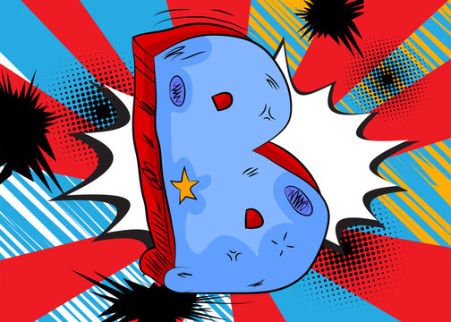 Cartoon Letter B, comic book Alphabet. Retro vector comics pop art design.