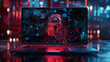 © Ali - data security breach digital system hacked internet cyber attack alert with red padlock virtual display over a laptop