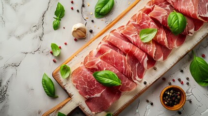 Fresh raw meat with basil leaves and spices on marble board