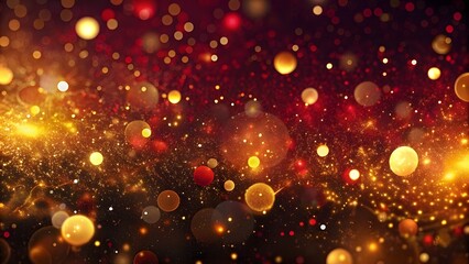 Wall Mural - Abstract background with dark red and gold particles, golden Christmas light particles shine bokeh on a dark blue background, gold foil texture concept
