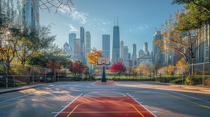 Empty outdoor basketball court with city skyline background