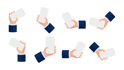 Poster - 3D Cartoon Hand Holding Phone on White Background. Set of Different Pose Business Man Hands Gesturing with Smartphone. Cartoon Device Mockup Set. Vector.