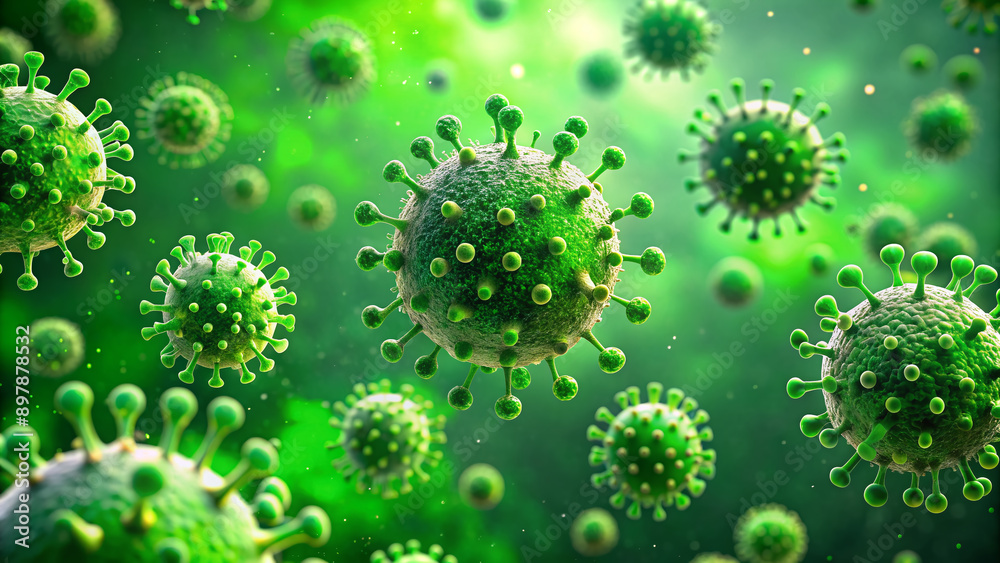 Microscopic view of green-tinted abstract virus particles floating in a ...