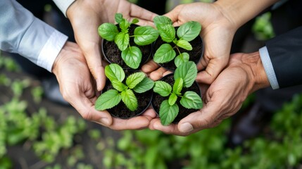 Wall Mural - Business hands holding green plants together are the symbol of green business company, agriculture and collaboration in a green business, Ecosystem and Organization Development Cooperation 