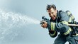 © SuriyaPhoto - Heroic Firefighter in Uniform Wielding High Pressure Water Hose against Stark White Backdrop