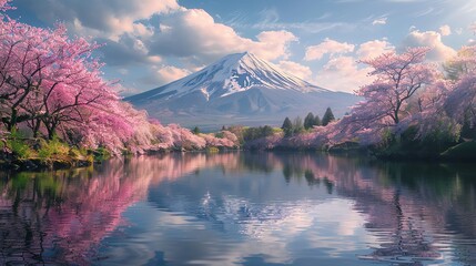 majestic mount fuji reflected in a serene lake with blooming cherry blossoms.