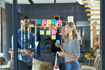 Aufkleber - Group, people and sticky notes on glass for project ideas, planning and schedule management of startup. Staff, teamwork and paper for brainstorming, support goals or productivity solution in office