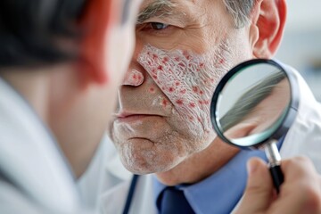 Wall Mural - Close-up of a doctor examining a patient's skin rash caused by an autoimmune condition, using a magnifying glass, clinical environment, Portrait close-up, hyper-realistic, high detail,