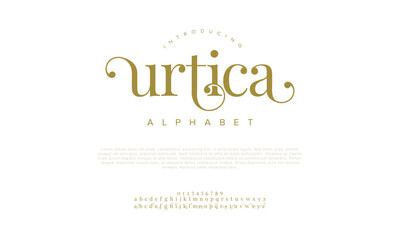 Urtica swash luxury elegant alphabet letters and numbers. Vintage wedding typography classic serif font decorative vintage retro. creative vector illustration